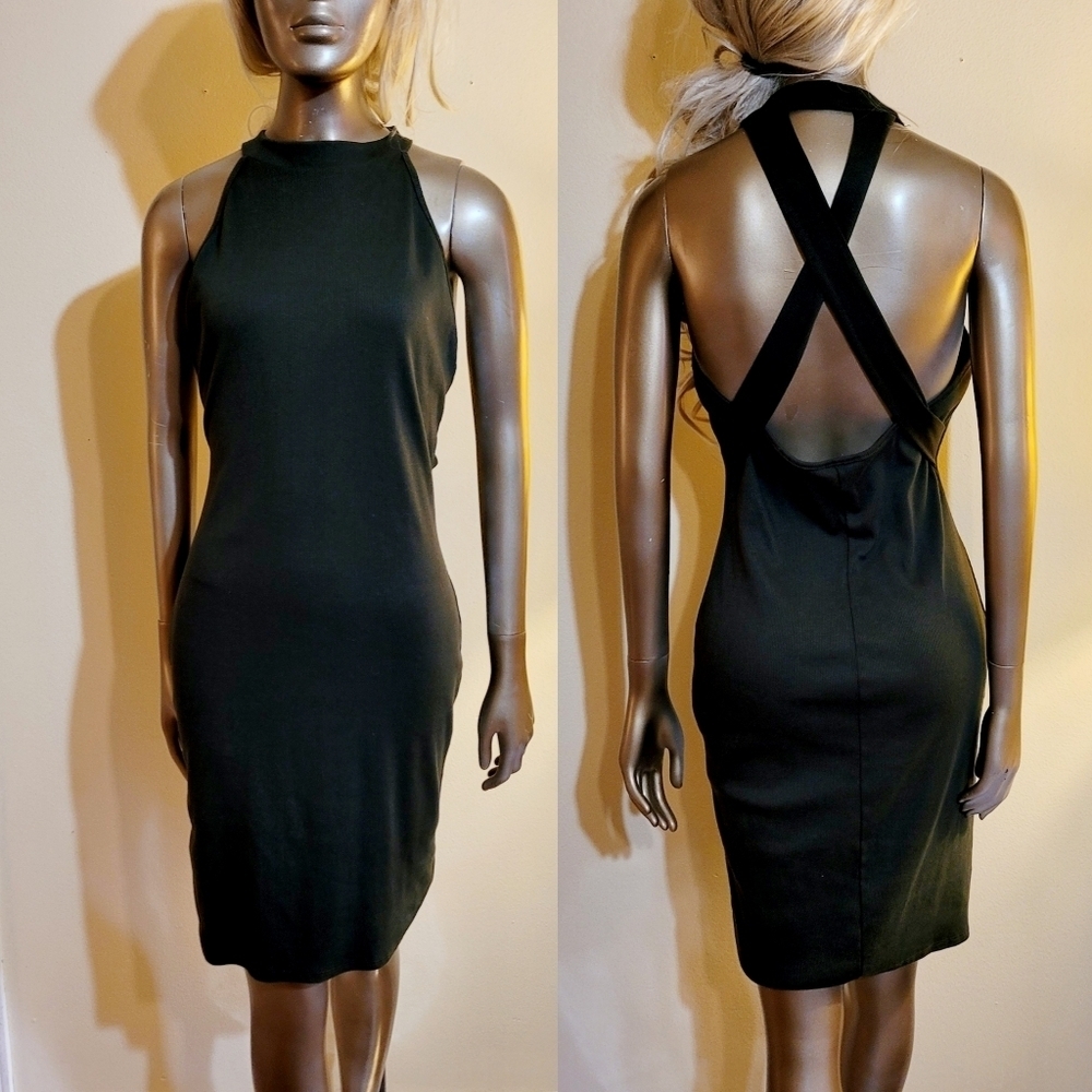 OLIVE RIBBED HIGH NECK CRISSCROSS MINI DRESS